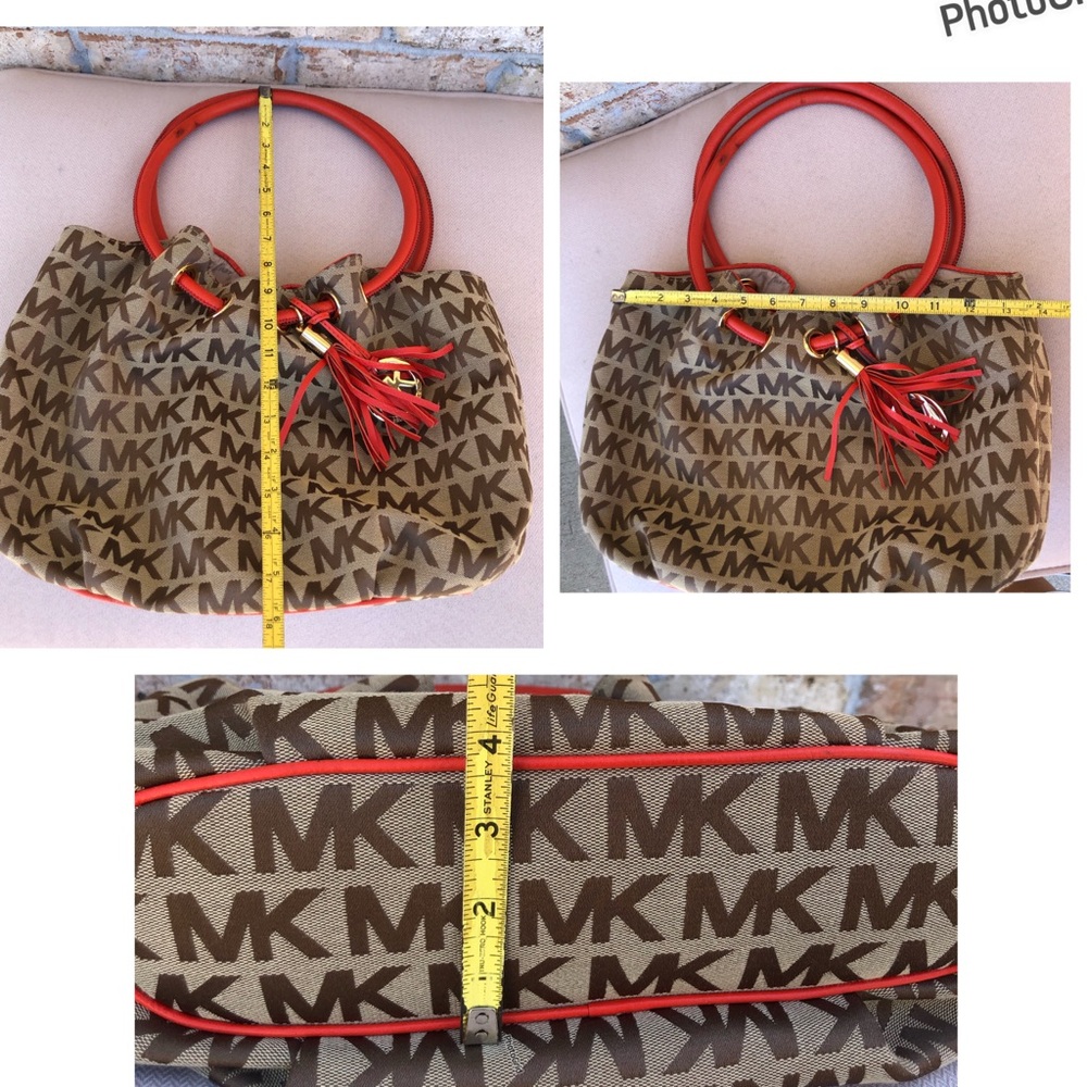 Michael Kors Signature Jacquard East West Ring Tan Orange Red Medium Tote Bag - Picture 14 of 16